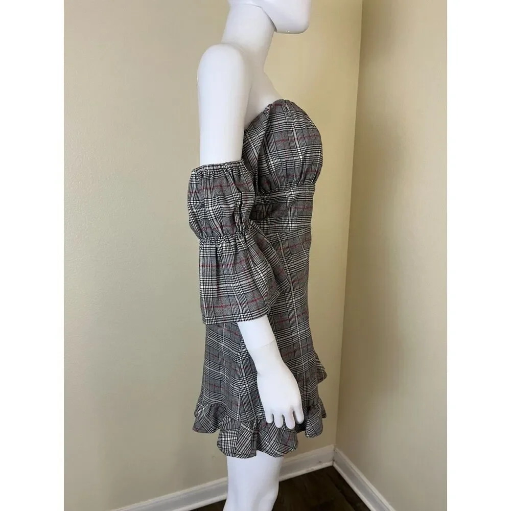 Tularosa Women Size L Angie Gray Plaid Ruffle Mini Dress Preppy Academia Party
